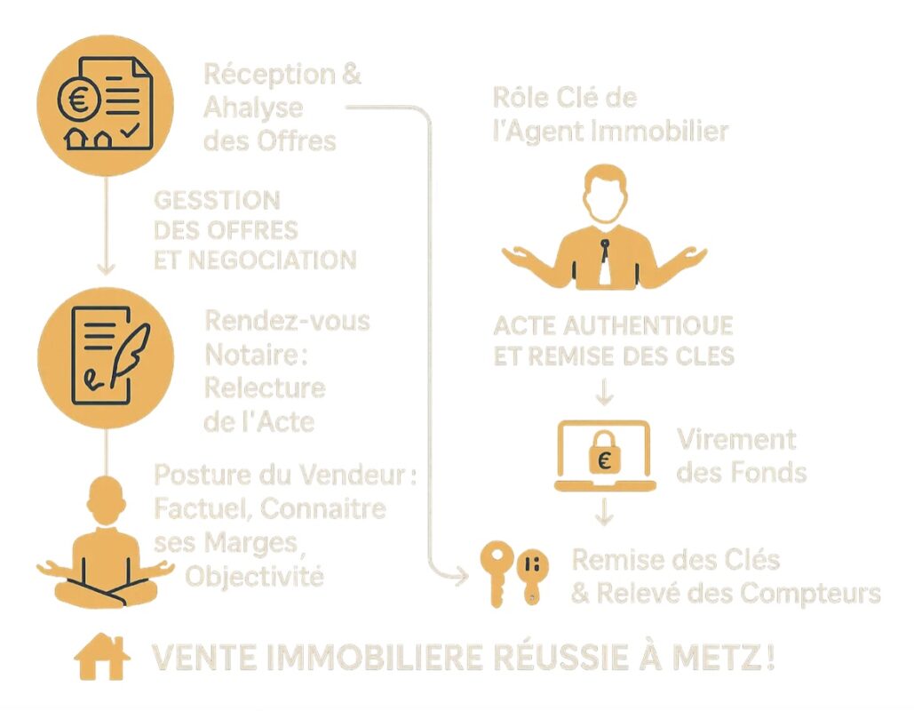 La signature chez le notaire clôt la vente. Le vendeur doit présenter les diagnostics obligatoires (amiante, électricité, DPE), les justificatifs des réparations promises et les relevés des compteurs (eau, gaz, électricité). À Metz, les copropriétés anciennes exigent une attention accrue aux normes électriques. Les étapes d'une vente immobilière à Metz